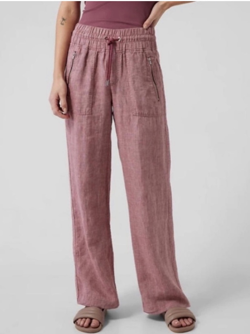 Athleta Cabo Linen Wide Leg Pants Tawny Rose Heathered Pink 447244 Size 20